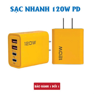 Củ sạc nhanh 4 cổng, 120W gồm: 2 cổng Type C + 2 cổng USB. Bộ sạc nhanh 4 trong 1, Cáp sạc nhanh 3 in 1