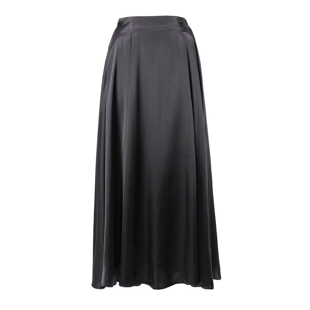 Qooth Nữ Tính Khí Satin Chữ A Váy Mỏng Thanh Lịch Co Giãn Dài Váy Xuân Hè QT2223