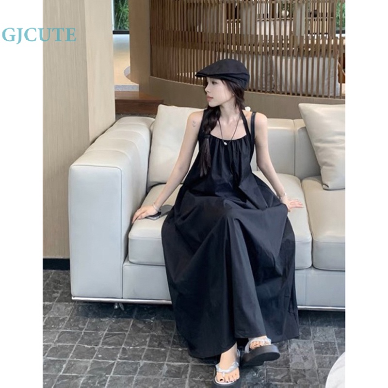 Gjcute Đầm maxi Dây Hở Lưng Màu Trơn Đi Biển Nghỉ Mát Wd
