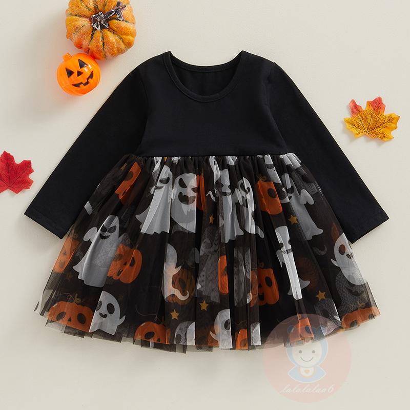 Đầm Xòe Chữ a Tay Dài Cổ Tròn In Hình Bí Ngô / Ma halloween laa6 Cho Bé Gái