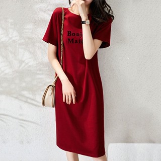 Đầm Thun Tay Ngắn Dáng Rộng plus size Màu Trơn In Chữ Đơn Giản Phong Cách Hàn Quốc Thời Trang Mùa Hè Cho Nữ