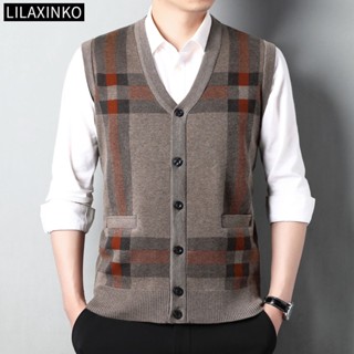  Áo Khoác cardigan Len Không Tay Cổ Chữ v Họa Tiết Kẻ Sọc 4 Màu Thời Trang Thu Đông Cho Nam 