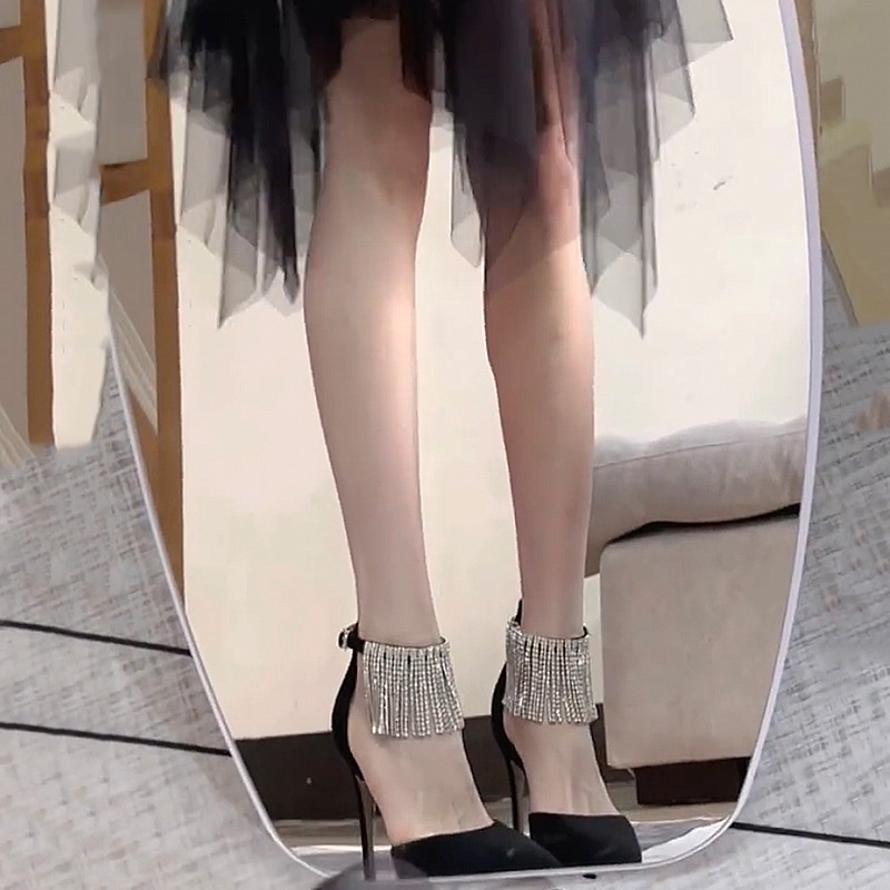 Hong Kong Premium shoes❥Giày Cao Gót Mũi Nhọn Đính Đá Phối Tua Rua Màu Đen Thời Trang Xuân Thu Cho Nữ