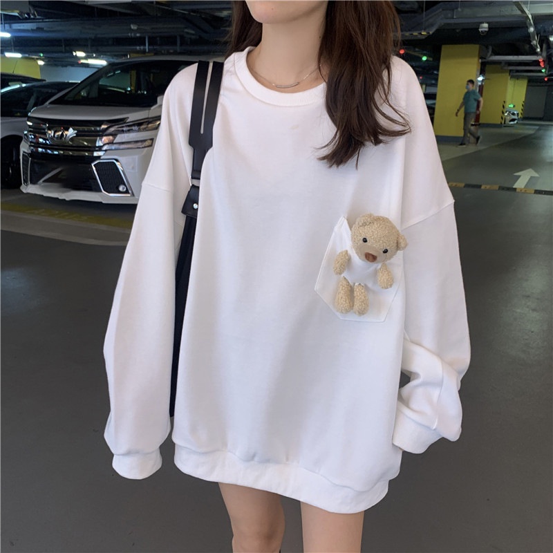 Áo Thun Nỉ Tay Dài In Hình Gấu Thời Trang Mùa Thu 2021 Phong Cách Mới Cho Nữ