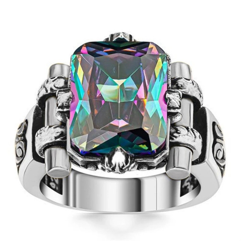 Nhẫn Điêu Khắc Màu Bạc Đính Đá zircon Phong Cách vintage Cho Nam