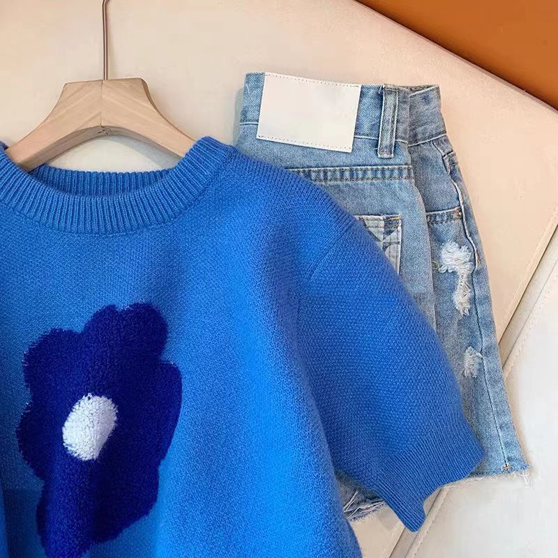 Milyfashion Áo sweater Dệt Kim Tay Phồng Ngắn In Hoa Màu Xanh Dương Thời Trang Mùa Xuân 2023 Cho Nữ