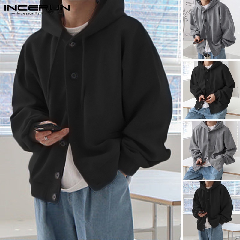 INCERUN Áo Hoodie Form Rộng Màu Sắc Đơn Giản Cho Nam