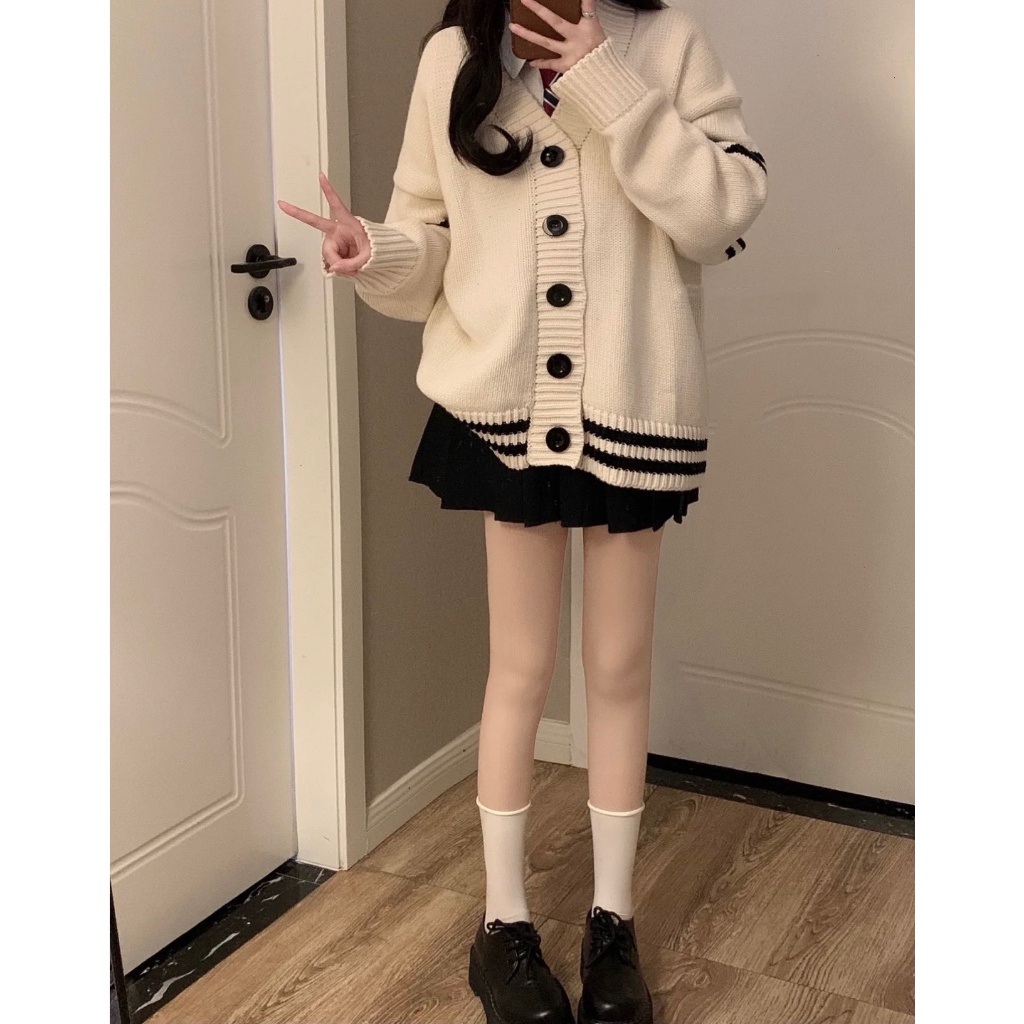Áo khoác len nữ Cardigan kem phối sọc đen, Áo khoác dáng dài phong cách Hàn Quốc | BigBuy360 - bigbuy360.vn