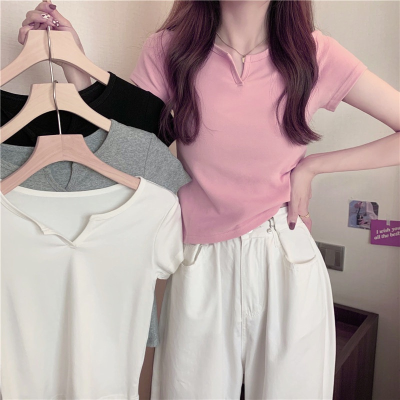 OOP Áo Thun Croptop Tay Ngắn Dáng Ôm Màu Hồng Thời Trang Mùa Hè Cho Nữ HZFWC8223