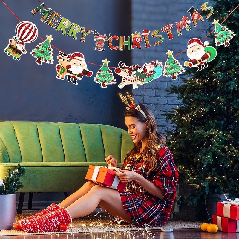 Cờ Treo Trang Trí Giáng Sinh Hình Ông Già Noel Tuần Lộc Hoạt Hình
