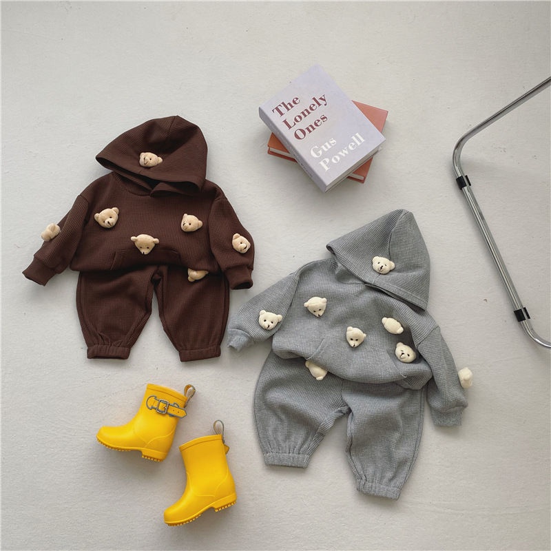 Bộ Đồ Hai Mảnh Áo Hoodie Tay Dài Màu Trơn In Hình Gấu Dễ Thương Phong Cách Hàn Quốc Thời Trang Mùa Thu Cho Bé Trai / Gái