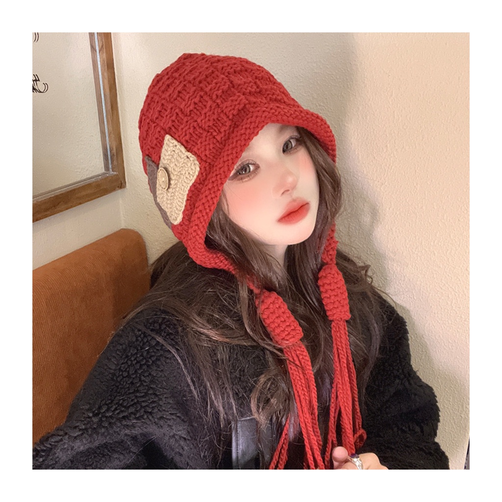 Mũ Len Dệt Kim Đính Nút Phối Tua Rua Phong Cách Trung Hoa Thời Trang Thu Đông Cho Nữ