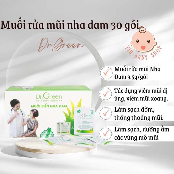 Muối Biển Nha Đam Dr.Green - Hộp 30 gói,Rửa mũi cho bé và người lớn, long đờm, viêm mũi dị ứng, viêm mũi xoang