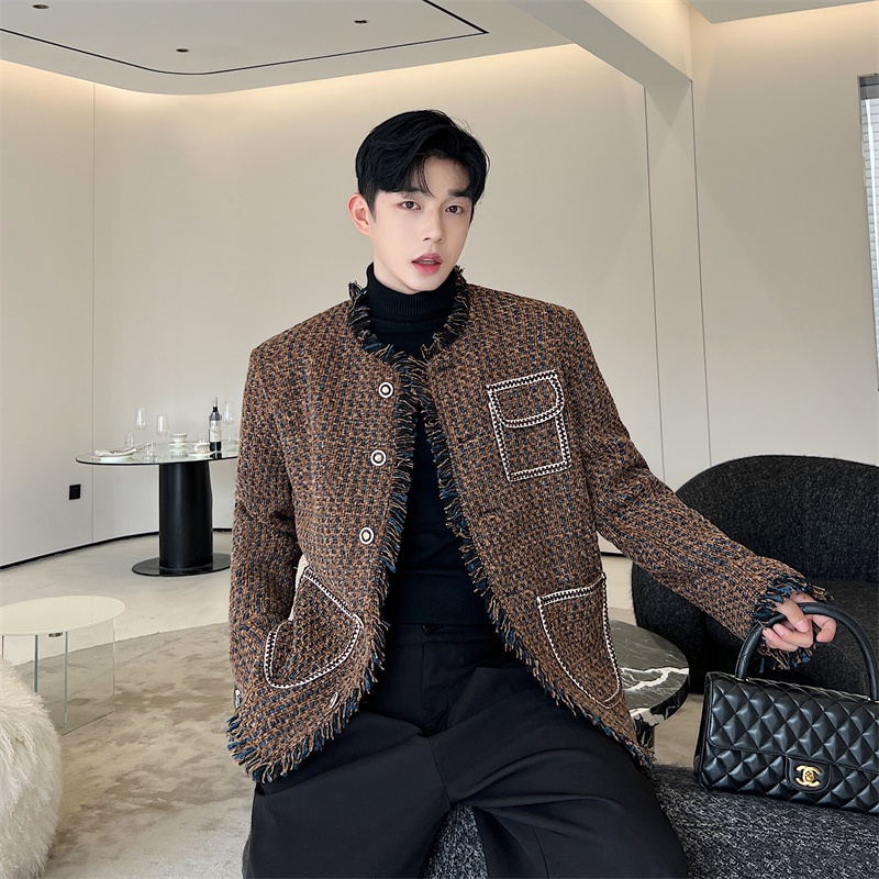Tweed Áo Khoác blazer Vải Dệt Cổ Tròn Phối Tua Rua Và Nút Kim Loại Màu Nâu / Xanh Dương Hợp Thời Trang Cho Nam