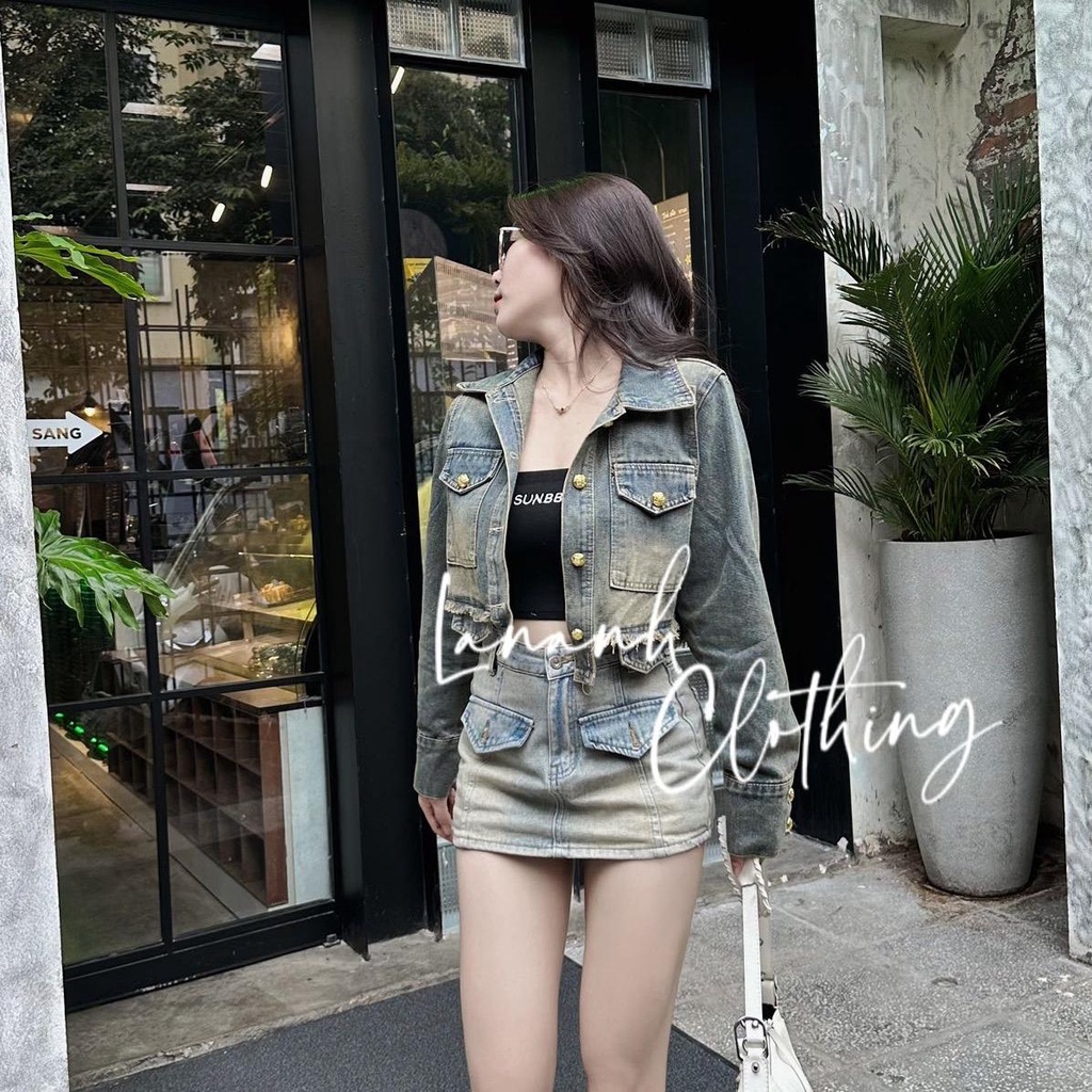 Áo khoác jean croptop QC phối rách màu xanh rêu - 77010 Ảnh thật shop chụp