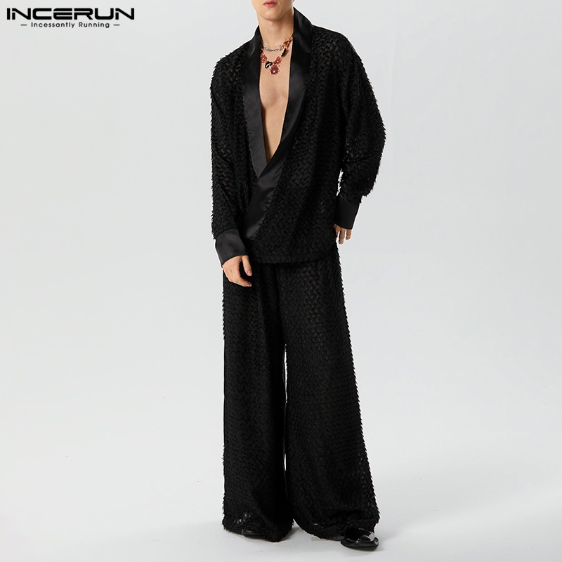 INCERUN Bộ Áo Khoác cardigan Dài Tay Xuyên Thấu + Quần Ống Rộng Thời Trang vintage Dành Cho Nam