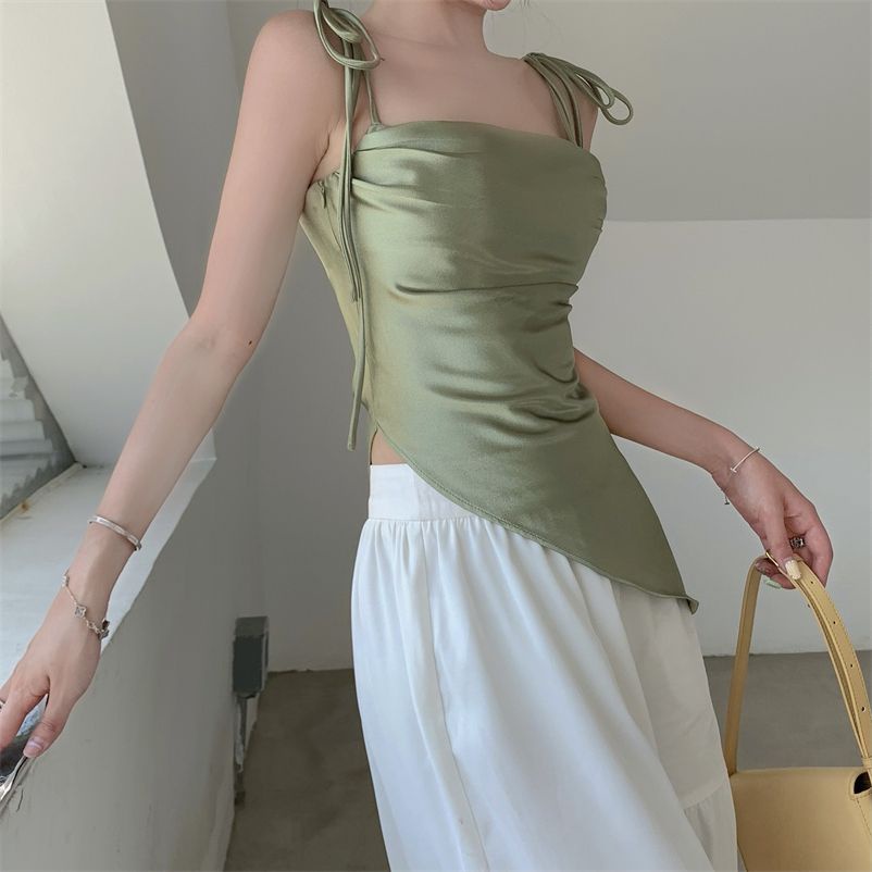 Milyfashion Áo Hai Dây Xếp Ly Ôm Dáng Bằng satin Cao Cấp Phong Cách desire Cho Nữ