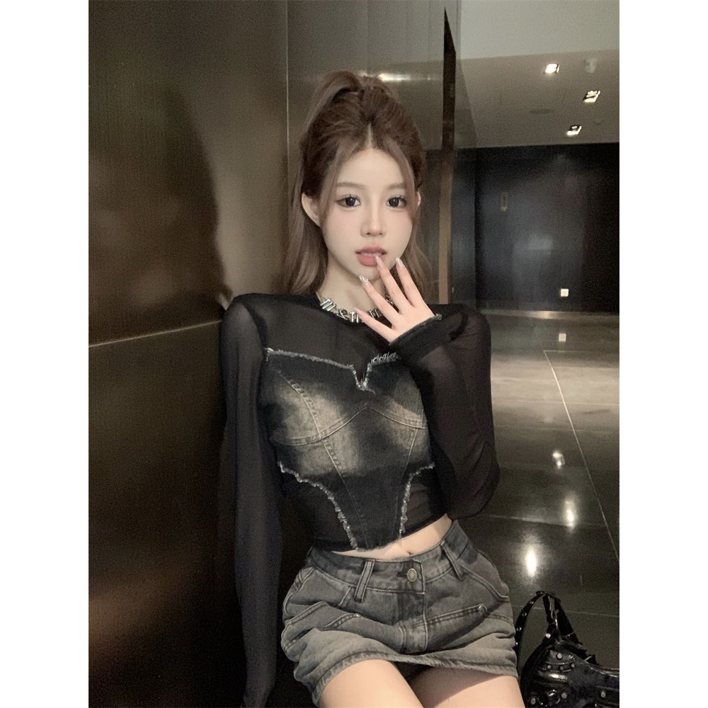 Áo Thun Tay Dài Phối Vải Len Hai Mảnh Thời Trang Mùa Thu Cho Nữ