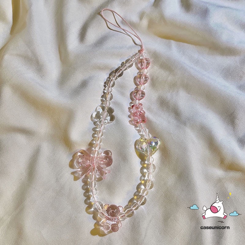 Dễ Thương Dây Đeo Điện Thoại Trong Suốt Đính Hạt Hình Chú Gấu Đáng Yêu