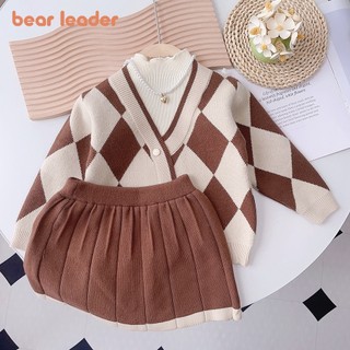  BEAR LEADER Bộ Áo Khoác cardigan Dệt Kim In Họa Tiết Hình Học + Chân Váy Thời Trang Thu Đông Cho Bé Gái 