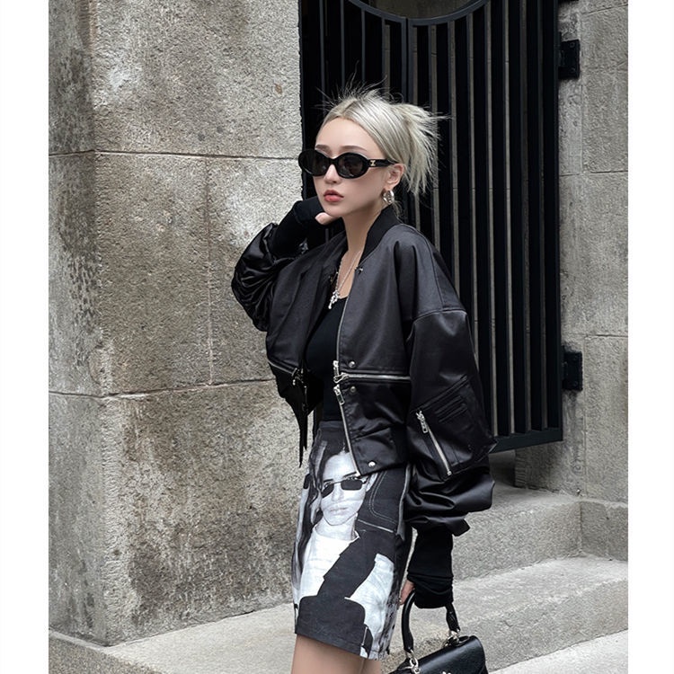 Đen Áo Khoác Bóng Chày Tay Dài Dáng Rộng Có Khóa Kéo Thời Trang Mùa Thu 2023 Cho Nữ