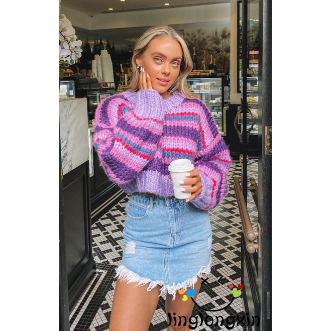 Áo sweater Tay Dài Cổ Tròn Dáng Rộng Phối Màu Cầu Vồng Phong Cách vintage linglongxi2