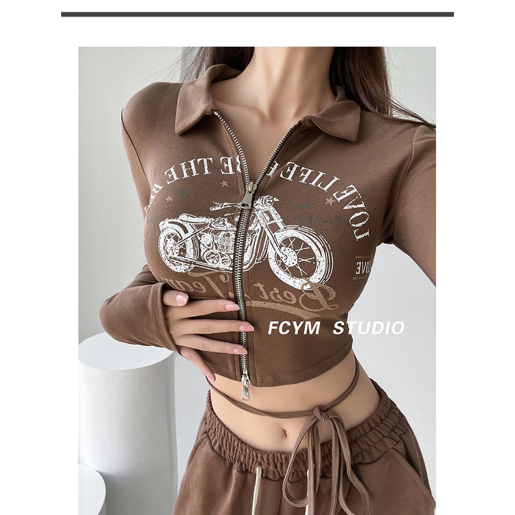Áo baby tee y2k croptop tay dài áo thu đông Áo phông áo thun nữ croptop dài tay Áo Thun Ngắn Tay Dài Có Khóa Kéo Hai Lớp In Họa Tiết Xe Máy Phong Cách Mỹ