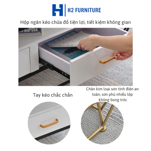 Bàn trà chữ nhật sofa H2 FURNITURE khung kim loại mặt đá, bàn 2 tầng có ngăn kéo cho phòng khách, phòng chờ