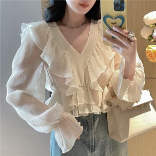 BH Áo chiffon Dài Tay Cổ Chữ v Thiết Kế Mỏng Xinh Xắn Thời Trang Theo Phong Cách Hàn Quốc Cho Nữ