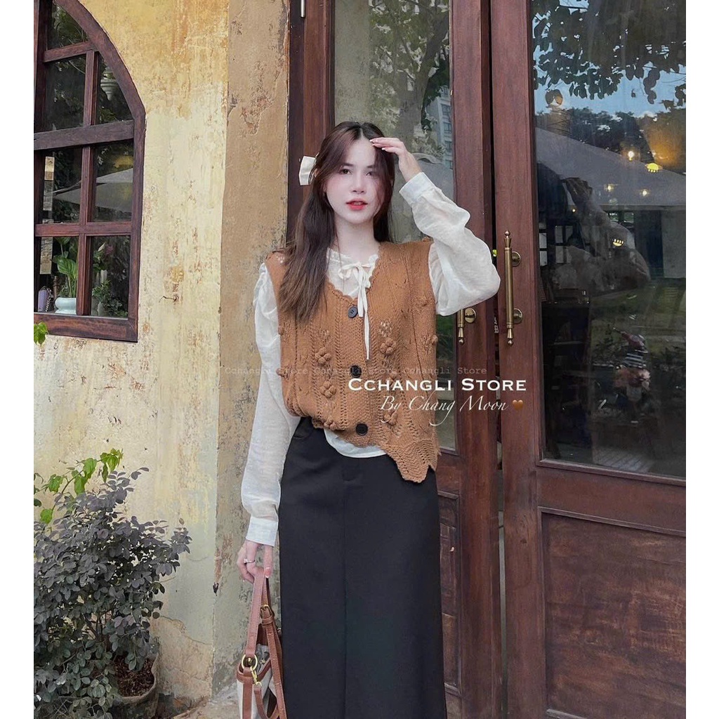 Set áo gile len nâu vintage kèm áo sơ mi bèo hàng QC L1