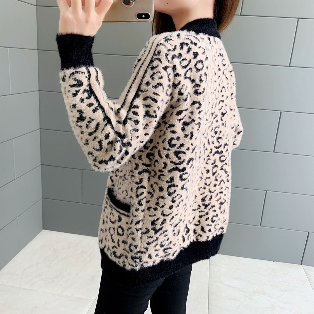 Áo sweater Tay Dài Dáng Rộng In Họa Tiết Da Báo Thời Trang Xuân Thu Cho Nữ