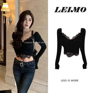 Áo Croptop Tay Dài Phối Ren Hoa Thiết Kế Cổ Chữ v Quyến Rũ