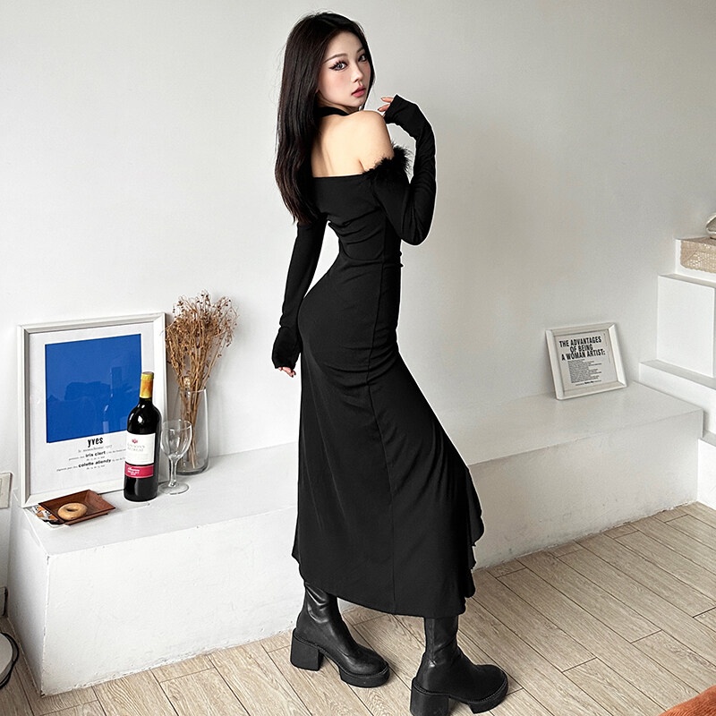 Weird Puss Đầm midi Tay Dài Hở Vai Dáng Ôm Gợi Cảm Phong Cách vintage Thanh Lịch Dành Cho Bạn Nữ