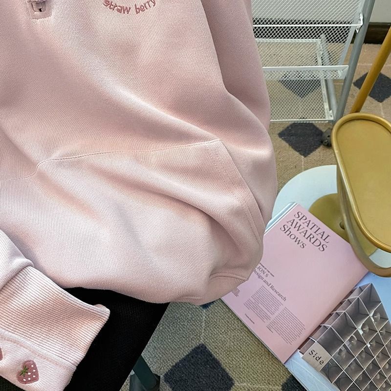 Áo hoodie Thêu Hình Dâu Tây Màu Hồng Ngọt Ngào Thời Trang Mùa Thu Mới Cho Nữ