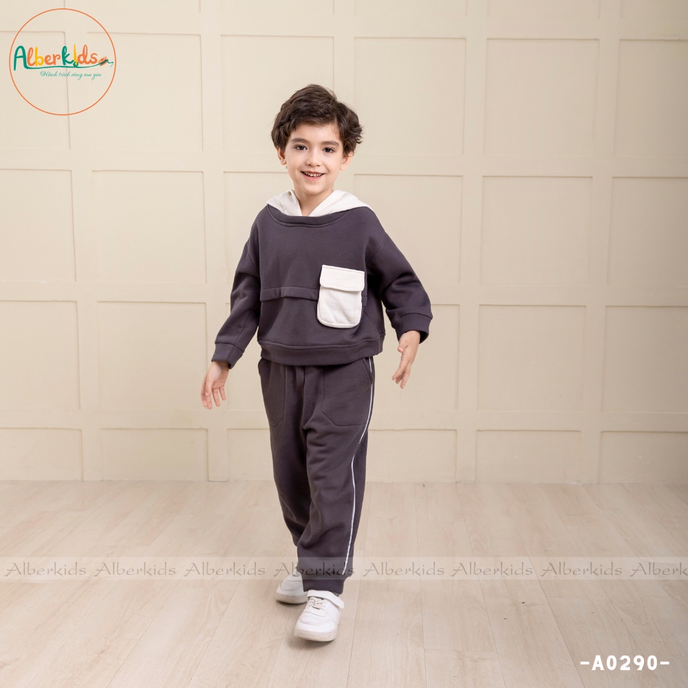 Bộ đồ nỉ bé trai ALBERKIDS 2 màu sắc phối túi mũ trắng kem cho trẻ em 2,3,4,5,6,7,8,9,10,11,12 tuổi A0290