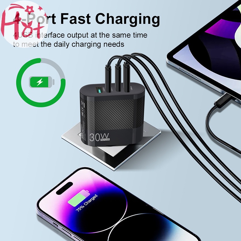 Jr Đầu Sạc Nhanh usb 30w 4 Cổng type c Cho iphone 14 13 pro xiaomi samsung oneplus qc 5.0