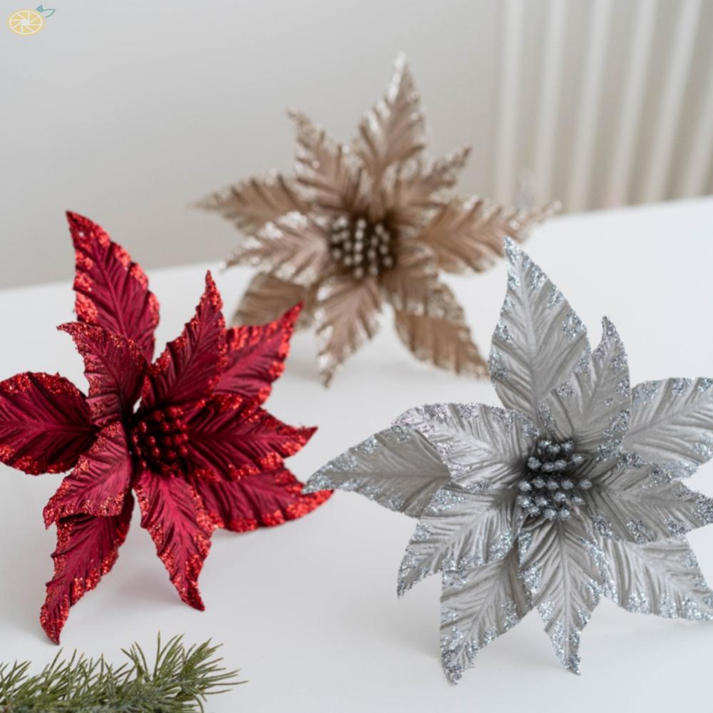 Christmas Flower Decor Glitter Plastic Poinsettia Christmas Tree Decoration