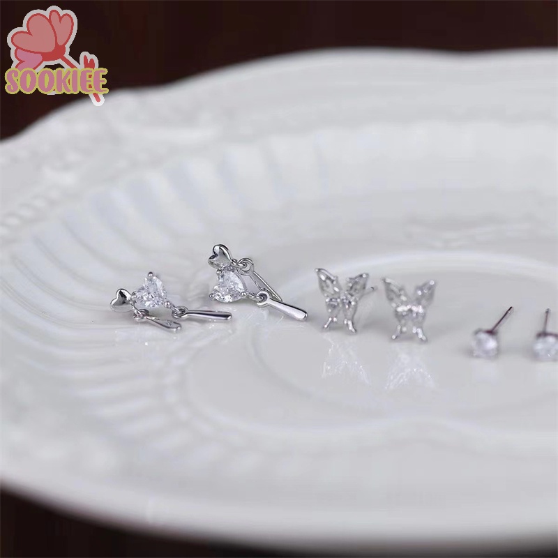 1 set Bông Tai Pha Lê Hình Trái Tim / Bướm Thời Trang Lãng Mạn Cho Nữ