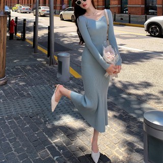 Đầm sweater Dệt Kim Đuôi Cá Mềm Mại Màu Xanh Nhạt Phong Cách Nhẹ Nhàng