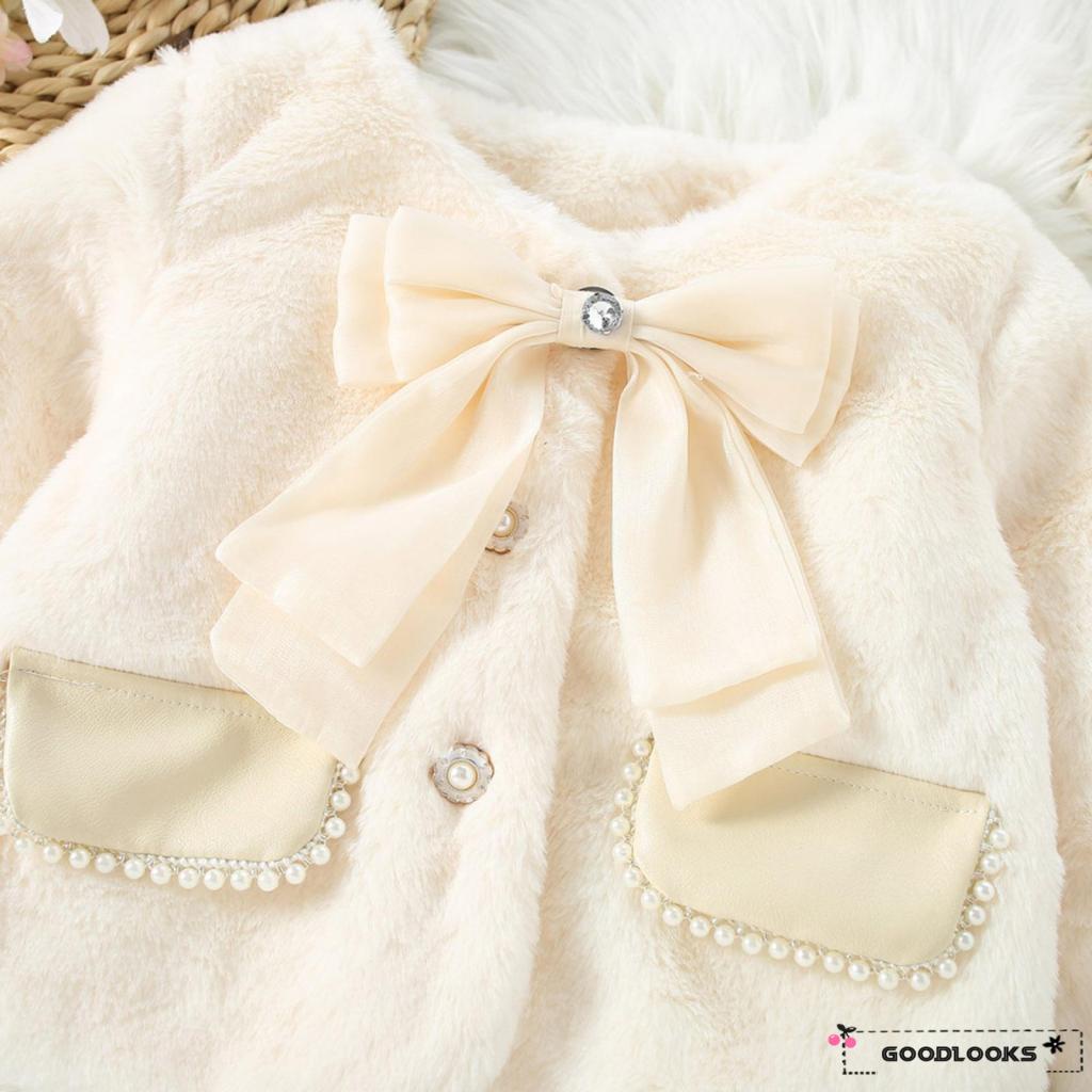 Áo Khoác Lông Thú Tay Dài Cổ Đính Nơ Cho Bé Gái