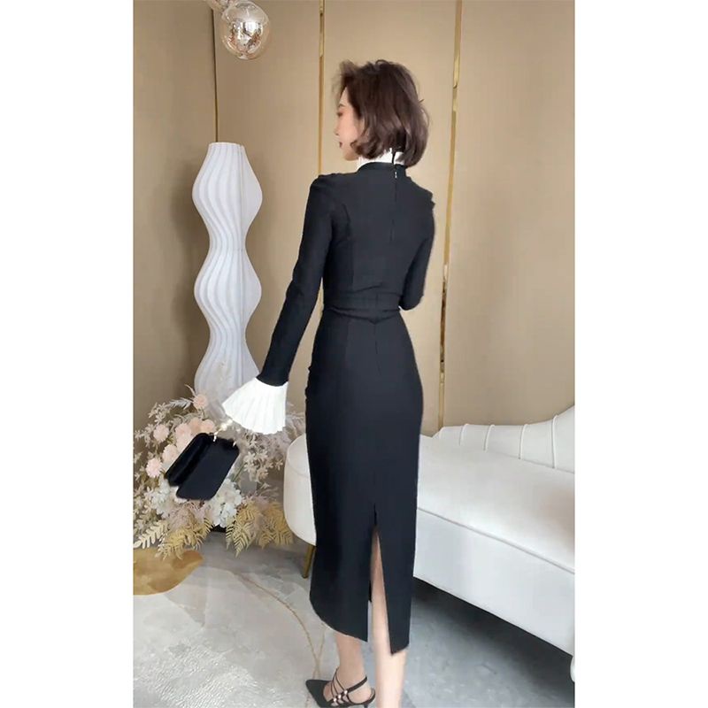 Đầm Thu Đông Màu Đen Cổ Đứng Siêu Đẹp Cao Cấp