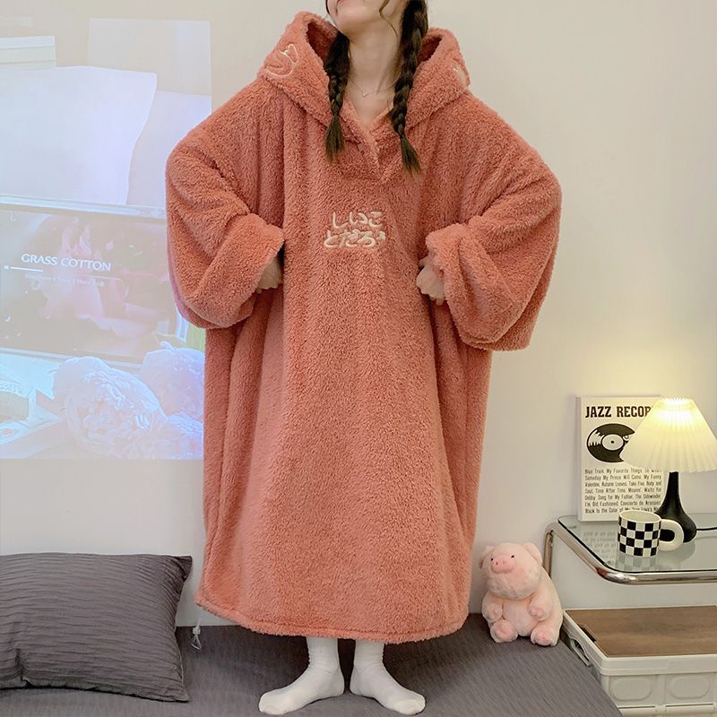 Bộ Đồ Ngủ Một Mảnh Vải Lông Cừu San Hô Dày Dặn Thời Trang Mùa Đông Cho Cặp Đôi