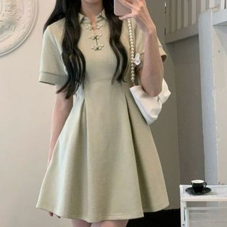Plus đầm công chúa màu đen cài nút nhấn eo phong cách trung hoa cổ điển thời trang mùa hè cho nữ