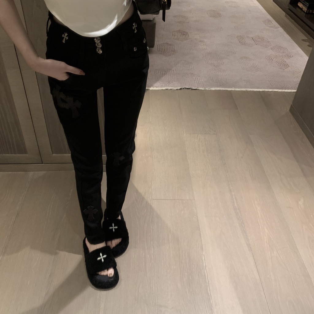 PJB0 Chrome Hearts 23 autumn and winter new leather jeans women's embroidered logo decorative design fashion all-match high waist trousers for women