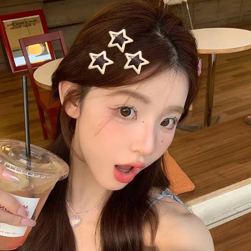 Kẹp Tóc Đơn Giản Dễ Thương / Kẹp Tóc Hình Ngôi Sao Màu Cà Phê / Màu Be y2k Kim Loại bb / Ngọt Ngào Thời Trang Nữ