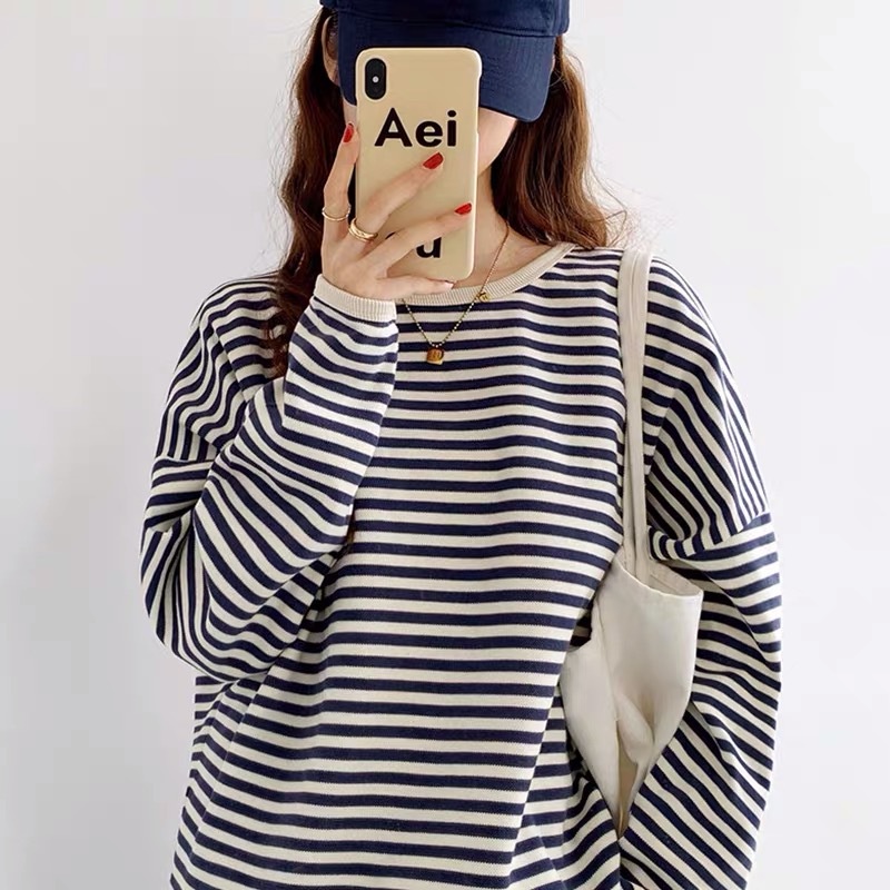 Áo thun sweater tay dài cổ tròn họa tiết kẻ sọc thời trang cho nữ MA138 Pinkee