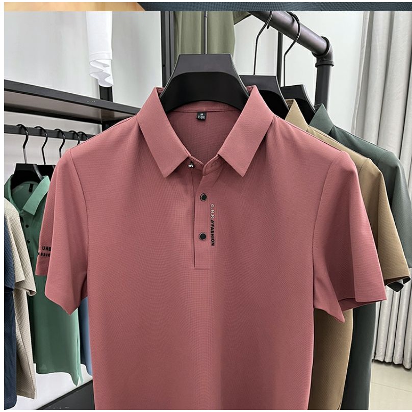 Áo Thun polo Ngắn Tay Vải Lụa Mát Phong Cách retro hong kong Cho Đàn Ông Trung Niên