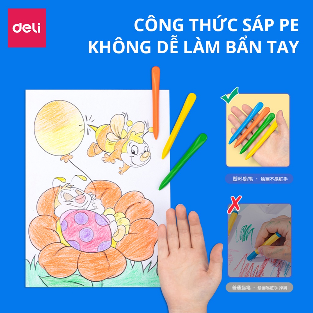 Bút Sáp Màu Hữu Cơ Cute Deli An Toàn Cho Bé Không Vấy Bẩn Tay Cho Bé Tô Màu Vẽ Tranh Mẫu Giáo Tiểu Học