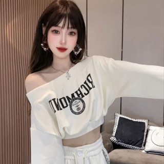 Áo hoodie trễ vai cổ điển kiểu Mỹ áo mặc ngoài dài tay mẫu ngắn hot girl mùa thu cho nữ