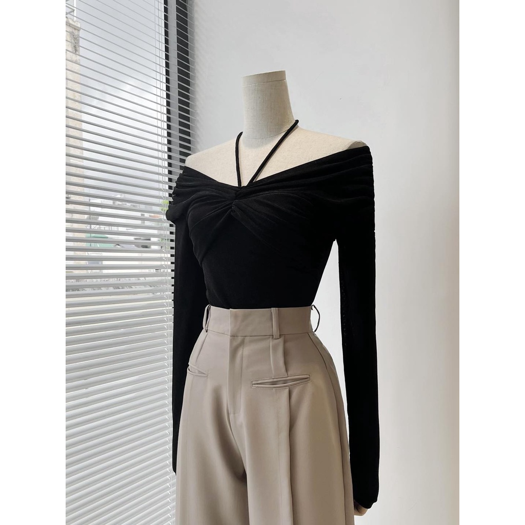 Áo thun ánh kim tay dài nhún ngực cột dây yếm 3 màu sang chảnh